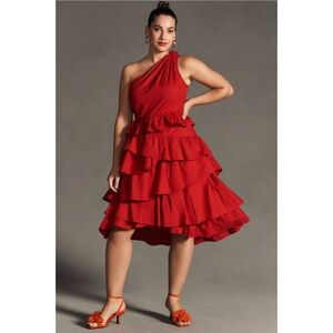 By Anthropologie One-Shoulder Tiered Midi Dress in Red size 0P Petite